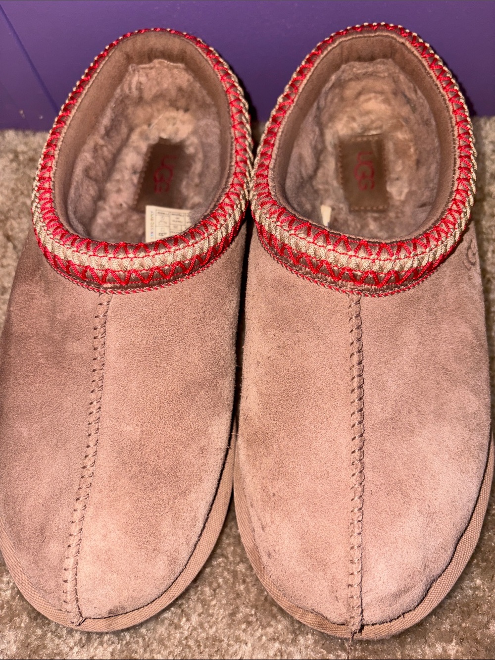 UGG Suede Shearling Slipper Clog in Mauve with Red Trim